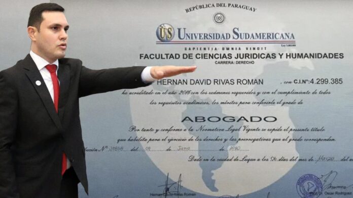 Acusado. El senador colorado Hernán David Rivas Román fue acusado por la Fiscalía por el supuesto uso del título falso de abogado.Foto: Archivo ÚH. Acusado. El senador colorado Hernán David Rivas Román fue acusado por la Fiscalía por el supuesto uso del título falso de abogado.Foto: Archivo ÚH.
