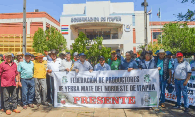 Productores de la hoja de la Yerba Mate se manifestaron este jueves frente a la Gobernación de Itapúa.Foto: ÚH - Antonio Rolín.