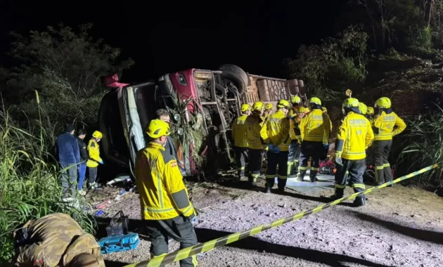 El colectivo habría perdido el control a causa de un problema con los frenos y cayó al barranco, informan medios de Brasil.Foto: Rede Peperi.